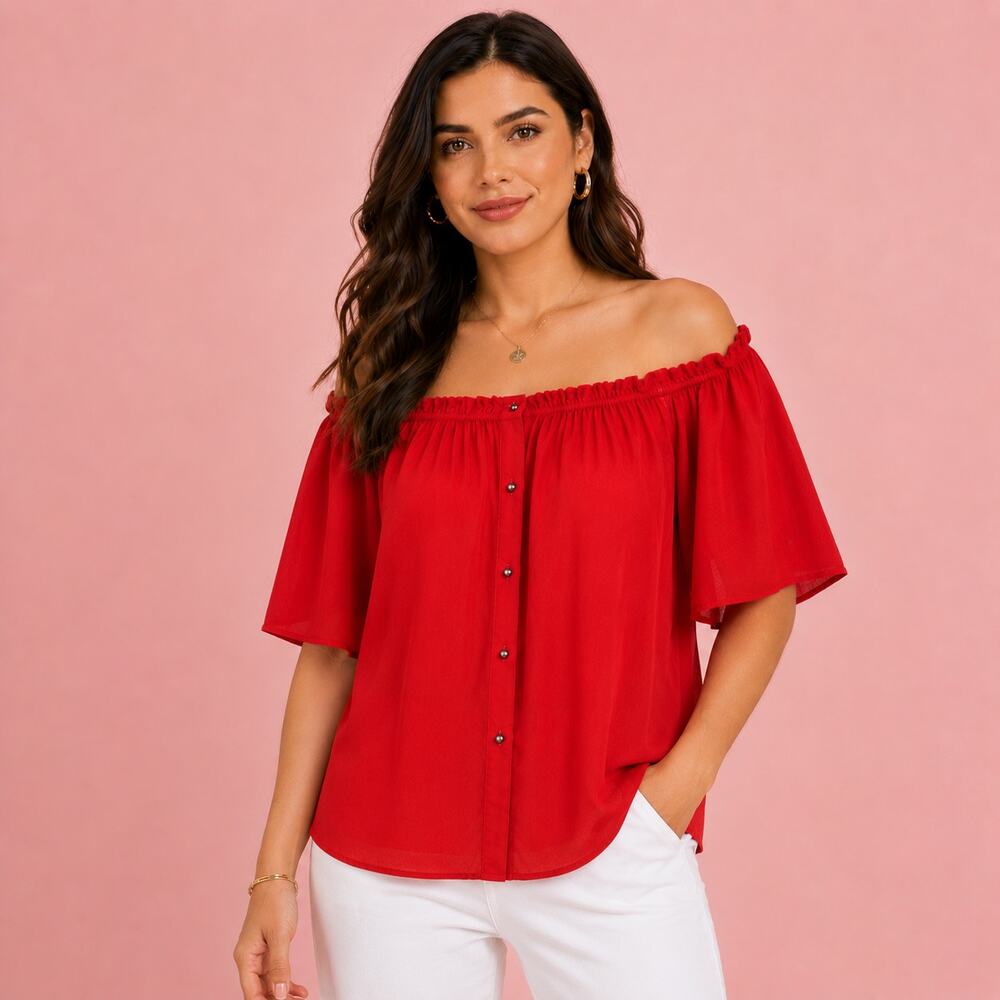 Zara Off The Shoulder Chiffon Top Womens Small Orange Red Button Front Blouse